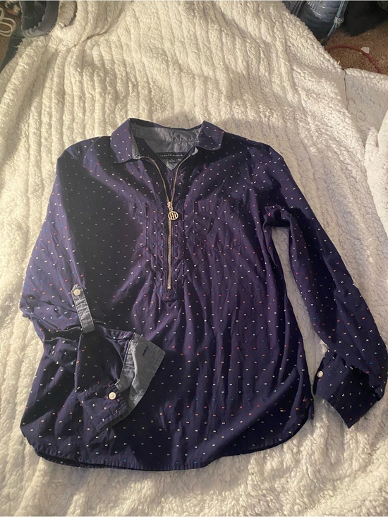 Tommy Hilfiger Tops - Tommy Hilfiger Navy Polka Dot Zip-Front Button-Down Shirt